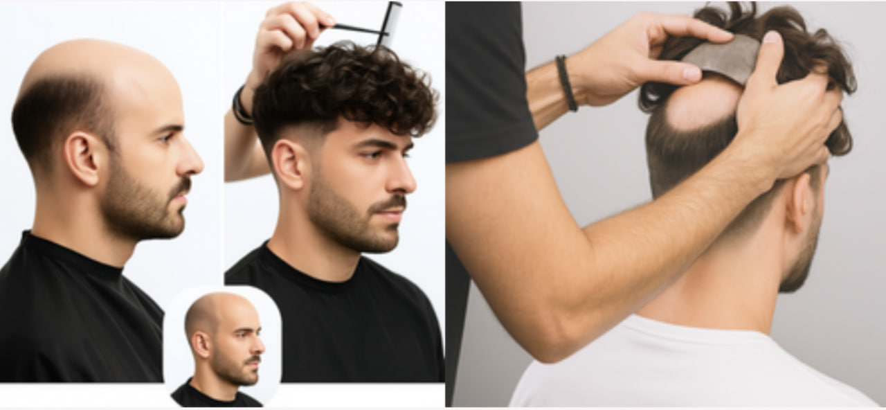 Proceso de prótesis capilar masculina antes y después
