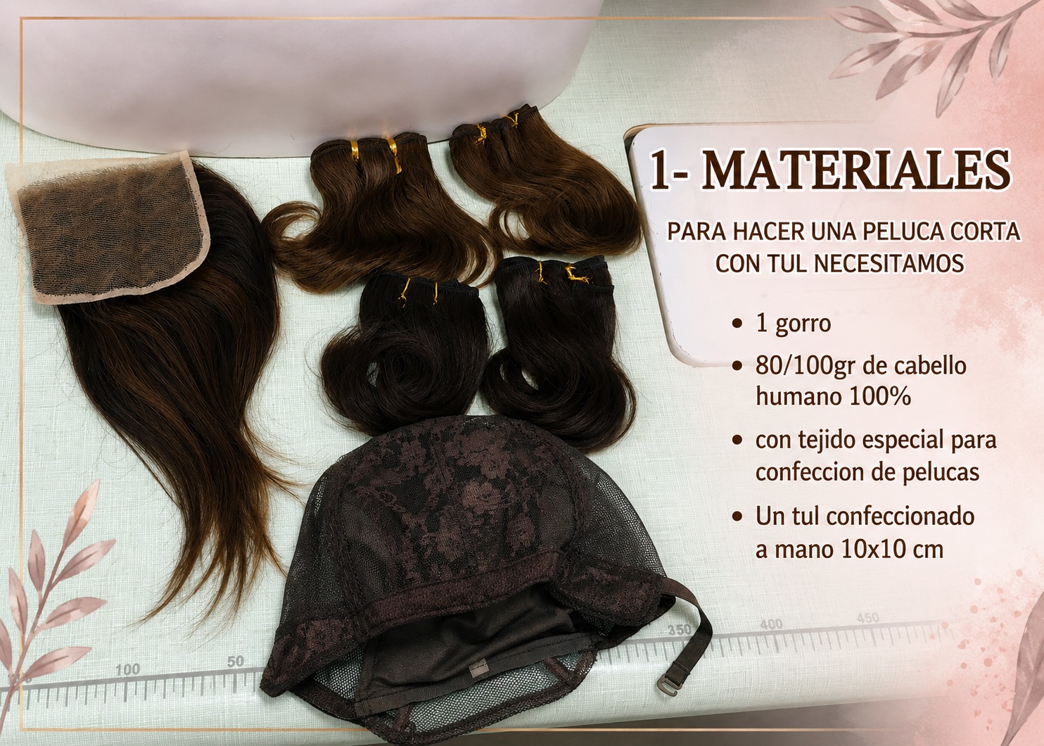Materiales para hacer una peluca corta con tul: gorro, cabello humano tejido y top tul