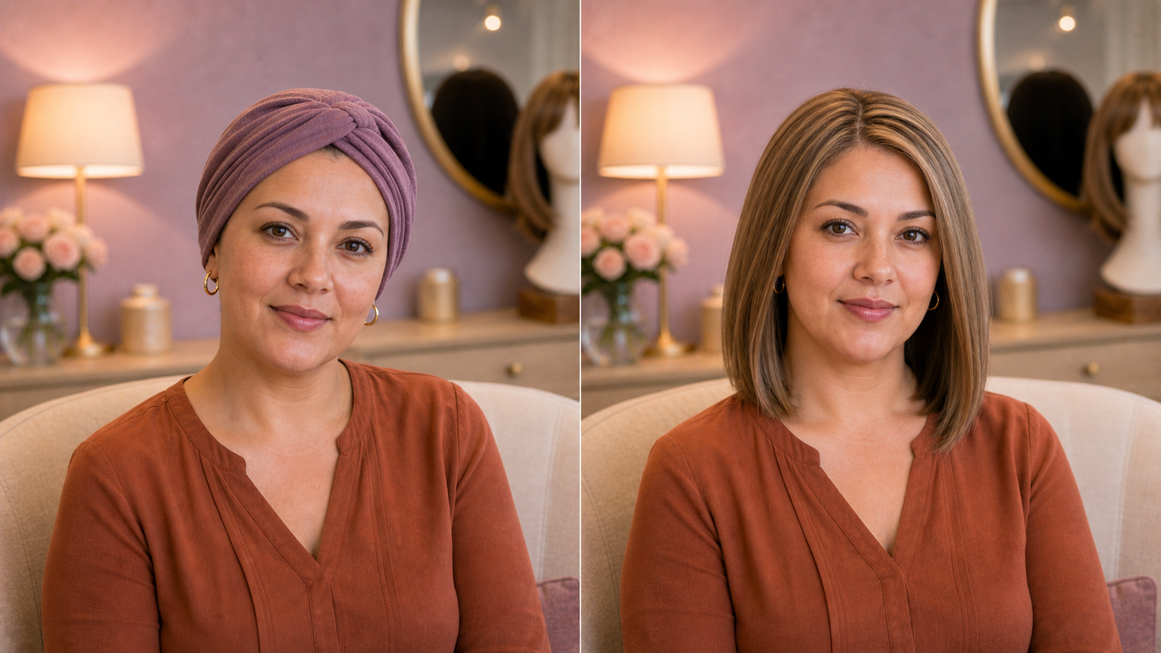 Recreación antes y después de mujer latina con peluca oncológica de melena lisa natural