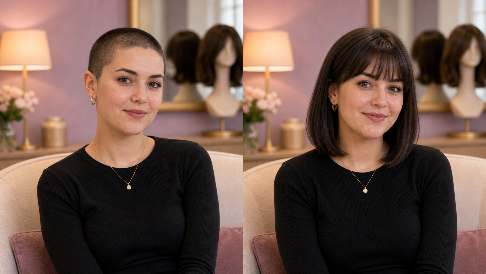 Recreación antes y después de mujer joven rapada con peluca de flequillo natural
