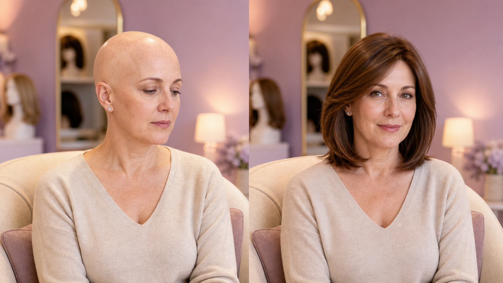 Recreación antes y después de mujer de mediana edad con media melena natural oncológica