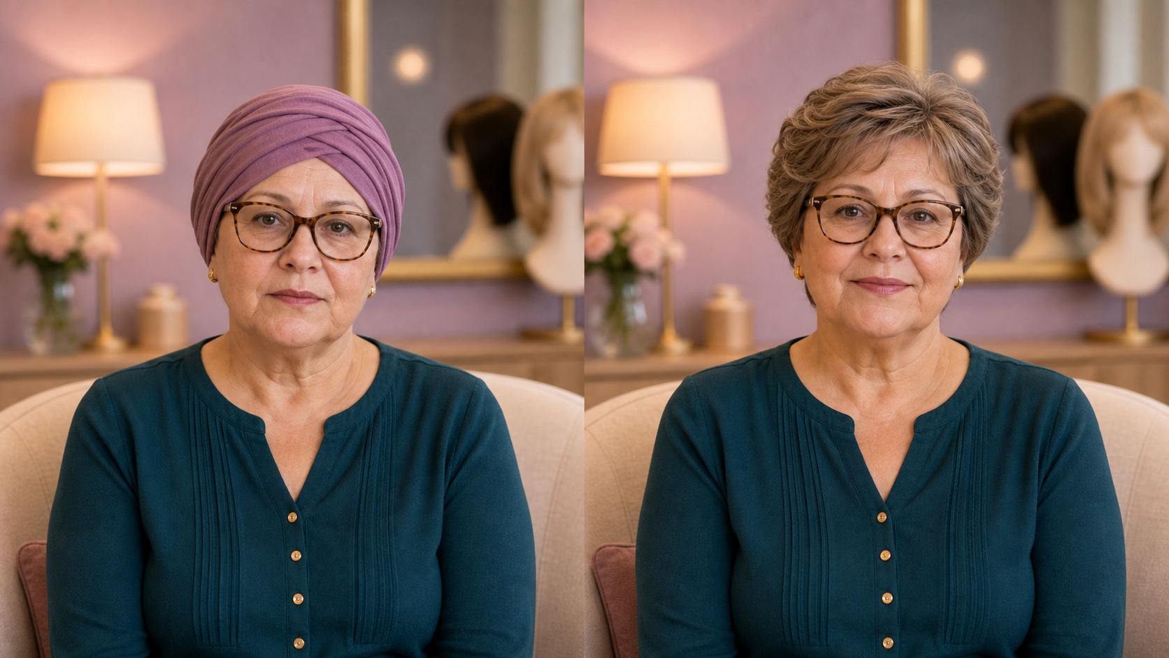 Recreación antes y después de mujer mayor con gafas y peluca oncológica natural corta en Ciudad Real
