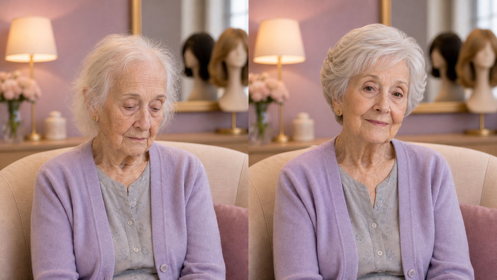 Recreación antes y después de mujer muy mayor con peluca oncológica natural corta de pelo blanco