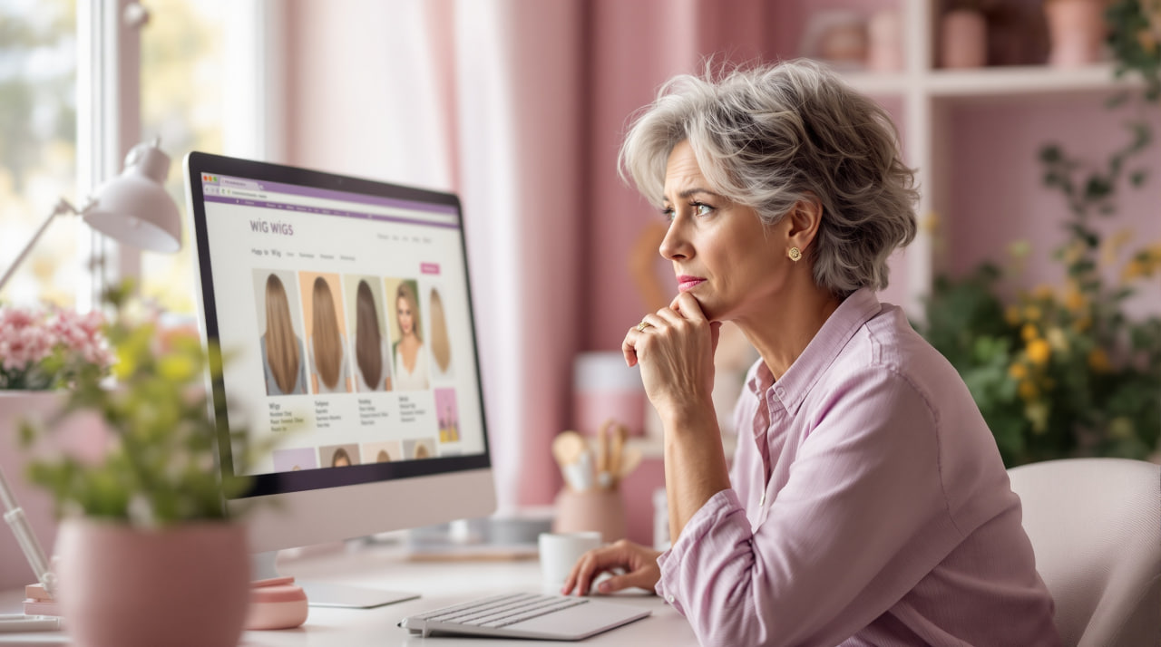 Mujer consultando desde casa dónde comprar una peluca oncológica natural en Cuenca