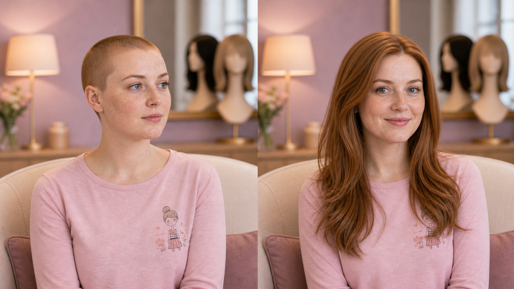 Recreación antes y después de mujer pelirroja con pecas y melena larga natural