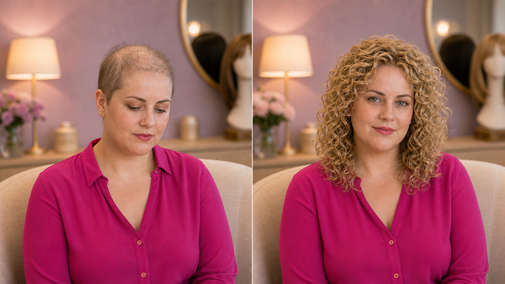 Recreación antes y después de mujer joven con peluca oncológica rizada y blusa fucsia en Santa Cruz de Tenerife